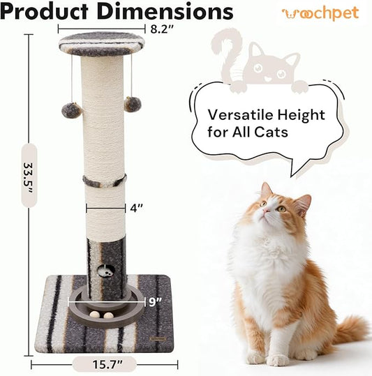 34inches Cat Scratching Post Sisal Cat Scratcher with Cat Ball Track Toy Heavy Duty and Thicker Large Diameter Natural for Adult Cats and Kitty Protect Your Furniture(Grey)