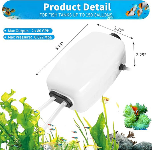 AQUANEAT Aquarium Air Pump for 20-210 Gallon Tank, Fish Air Bubbler, Hydroponic Oxygen Aerator with Stones, Airline Tubing, Check Valves