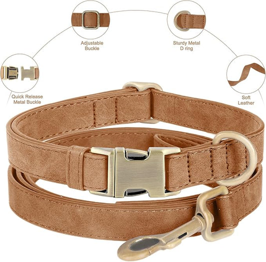 Genuine Leather Dog Collar - Adjustable Pet Collar with Quick Release Metal Buckle, Soft Skin Friendly Real Leather Collar for Small, Medium, Large Dogs (Brown, M:Fit 12-20" Neck)