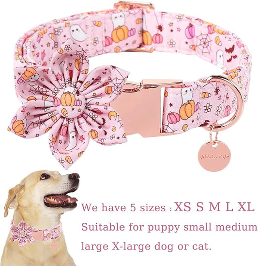 Halloween Dog Collar With Flower, Pink Puppy Collar With Adjustable Metal Buckle, Fancy Bowtie Gift for Girl Boy Dog, M