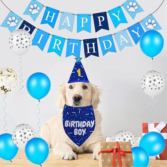 Dog Birthday Bandana Set, Blue Birthday Boy Decorations, HBD Party Supplies with Hat Kerchief Numbers for Pets (Blue)