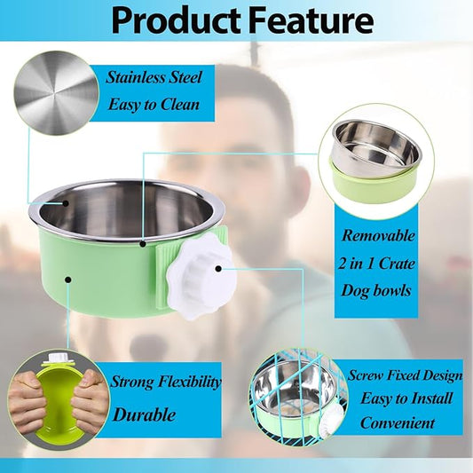 4 Pieces Crate Dog Bowl, Removable Stainless Steel Pet Kennel Hanging Food Water Feeder Bowl Cage Coop Cup for Puppy Medium Dog Cat Rabbit Ferret Bird