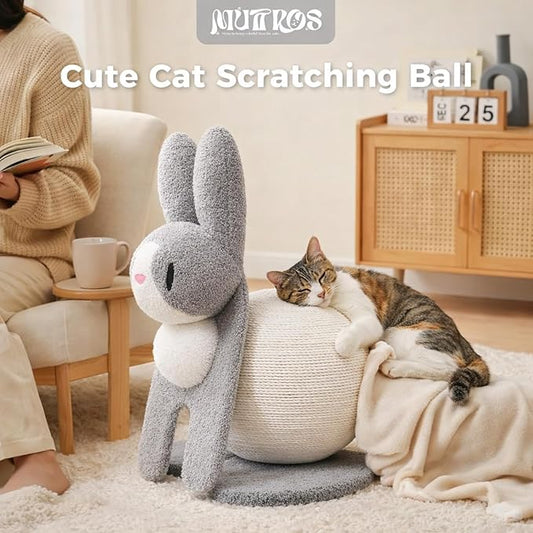Cute Cat Scratcher- Bunny Style, Cat Scratching Post with Paper Rope, Extra Large Cat Scratch Ball (Ø11.8) for Indoor Kitten, Rabbit Scratch Ball for Kitty to Climb & Play, Gray