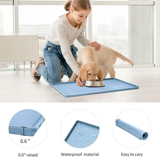 Dog Food Mat,Silicone Waterproof Food Tray,Non Slip Pet Bowl Mats Placemat,0.6" Raised Edge,Suitable for Most Small and Medium Sized Pets,24" x 16"