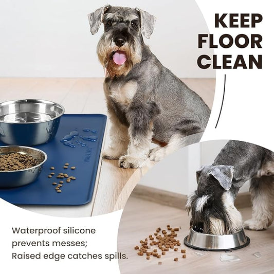 VIVAGLORY Dog Food Mat Flexmat Dog Bowl Mat, Placemat Food Tray with Raised Edges & Lip for Indoor Floor, Non Slip Waterproof Silicone Dish Placemat for Cat & Pet, S, Navy Blue