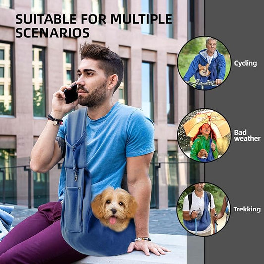 Dog Carrier Sling - Reversible Puppy Carrier Purse with Storage Pocket, Hand-Free Dog Sling Carrier for Carry Small Dogs and Cats, Travel Safety Harness, Dog and Cat Harness(Blue)