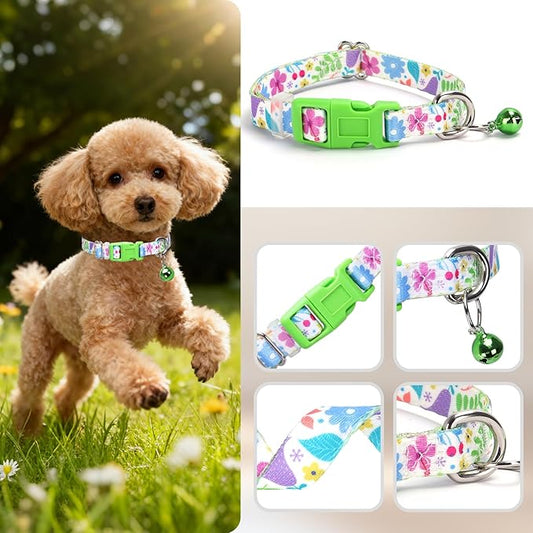 Small Dog Collar with Bell,Nylon - Adjustable XXS/XS/S Tiny Dog & Cat Collar for Small Breeds,Soft Pink Collar with Quick-Release Buckle(Spring XS)