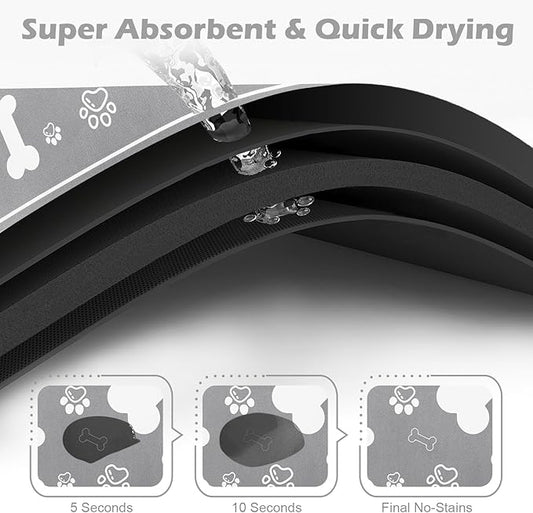 Pet Feeding Mat,Rapid Absorbent Mats for Dog Cat Food, Dog Placemat Water Bowl Mat with Rubber Backing,Messy Drinkers to Protect Floors, Pet Accessories 16"×24" Grey