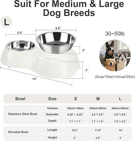 Elevated Dog Bowls Set - Non-Slip Raised Pet Feeder with Medium (10 oz) & Large (20 oz) Stainless Steel Bowls - Includes Durable Resin Stand for Corgi Puppies and Adult Cats - White