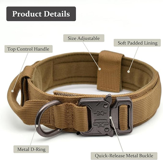 Tactical Dog Collar, Adjustable Military Training Nylon Dog Collar with Control Handle and Heavy Quick-Release Metal Buckle for Small Medium Large Dogs, Brown L