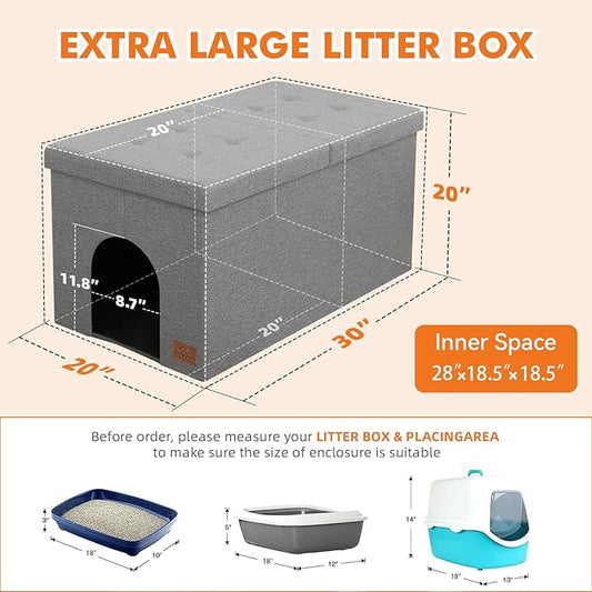 Cat Litter Box Enclosure Furniture for Odor Control, Hidden Cabinet Cats Litter Ottoman with Flip-Up Lid,Cat Litter Box Bench with Storage Space, Dog Proof (Light Grey, Large)