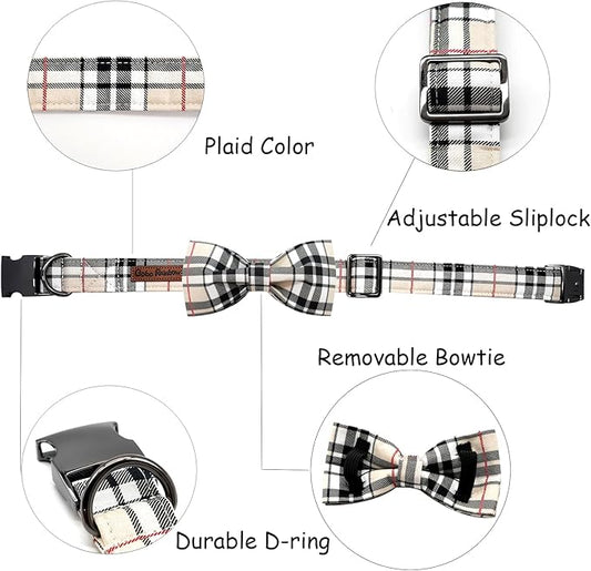 Dog Collar, Bow Dog Collar Plaid Pet Collar Dog Cute Pet Bow Soft Girl or Boy Dog Collars with Metal Buckle Adjustable Collar for Small Puppy