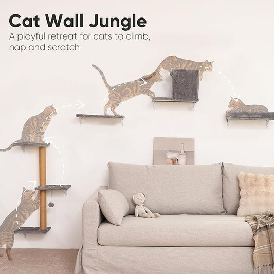 FUKUMARU Cat Wall Shelves, Stable & Safe 4 in 1 Cat Wall Mounted Furniture Set, Wooden Climbing Tree with Scratching Post for 16 Inch Drywall - Gray