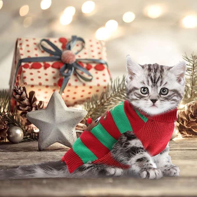 Dog Cat Christmas Sweater Boy Girl Ugly Reindeer Xmas Pet Clothes Holiday Puppy Costume New Year Gifts for Small Medium Large Dogs Outfits (S, Red Green Stripe Reindeer)