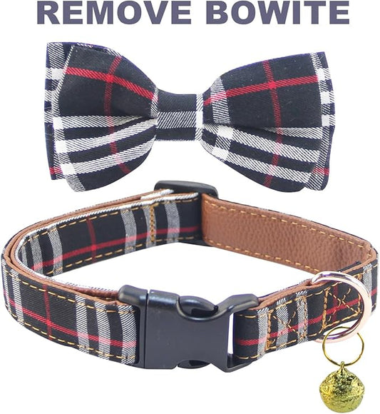 Yizepet Dog Collar and Leash Set-Plaid Puppy Collar with Bow Tie - Adjustable pet Collar for Dogs with Bell, Stylish Pattern for Small Medium or Large Boy and Girl Dog