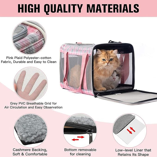 EXPAWLORER Large Cat Carrier Dog Carriers Soft for Small Medium Cats Puppies Up to 20lbs, Airline Approved Pet Carrier Soft-Sided Collapsible Pet Travel Carrier Fit 2 Kitties (Pink)
