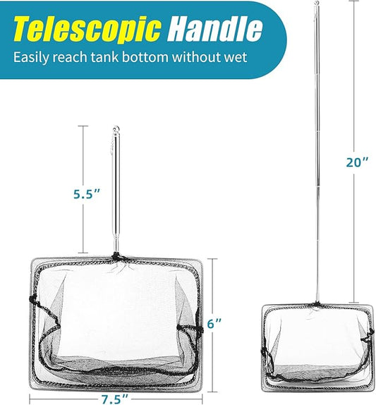 AQUANEAT Aquarium Net with Extendable Long Handle, Adjustable Wastes Skimming Cleaning Tools for Fish Tanks, 8 inch