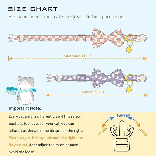Faygarsle 2 Pack Halloween Cat Collar with Bowtie and Bell, Breakaway Safety Buckle, Ghost Bats Pattern, Orange and Purple