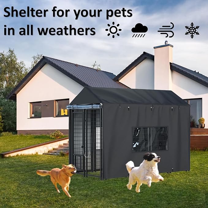 Outdoor Dog Kennel Cover - Full Coverage for 8.1'Dx4.1'Wx6'H Dog Cages, Outdoor Dog Kennel Insulation Cover, with Transparent Window and Fleece Insulation Lining, Black(Excluding Dog kennels)