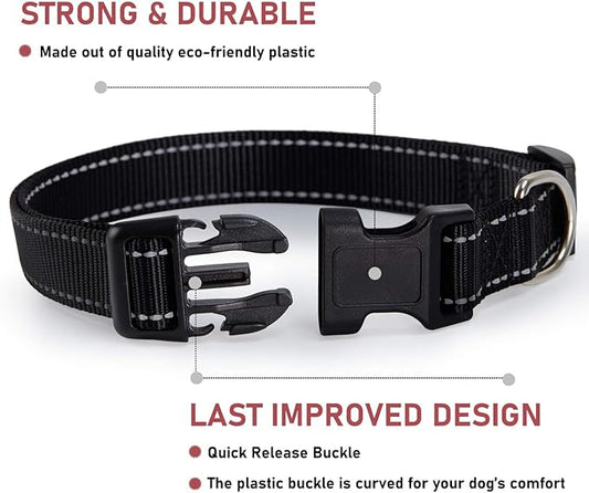 Reflective Dog Collar with Buckle Adjustable Safety Nylon Collars for Small Medium Large Dogs, Black S
