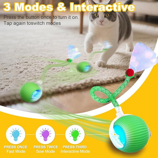 Interactive Cat Toys Ball for Indoor Cats&Dog,Automatic Cat Toy 360° Auto-Rotation Smart Obstacle Avoidance,Includes 1 Speedy Tail 2.0 Ropes,Cat Enrichment Toys for Indoor Cats (Green)
