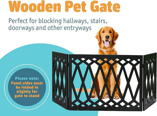 Etna 3-Panel Diamond Design Wood Pet Gate - Decorative Black Tri Fold Dog Fence for Doorways, Stairs - Indoor/Outdoor Pet Barrier - 24-48 Inches Wide x 19 Inches Tall