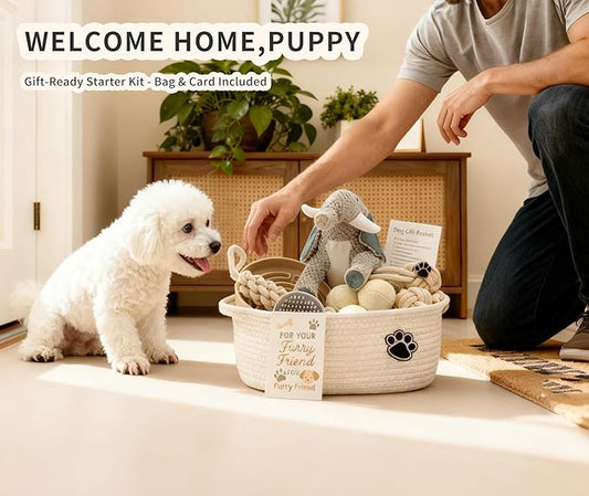 Dog Gift Basket – Puppy Starter Kit, Welcome New Puppy Gift Basket with Interactive Toys Bundle, Perfect Dog Birthday Set with Chew Toys, Pet Essentials for New Owners