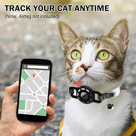 Airtag Cat Collar Breakaway, Stretchy Cat Tracker Collar with Apple Air Tag Holder for Boy Girl Cats, Elastic GPS Tracking Collars for Kittens and Puppies, Adjustable 9"-12" Black