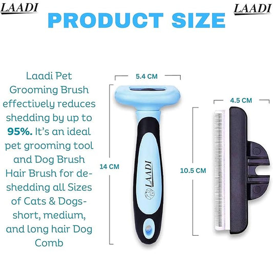 LAADI Deshedding Tool for Dogs and Cats - Reduces Shedding by Up to 95% in Less Than 10 Minutes - Professional Grooming Brush for All Hair Types - Ergonomic Design and Skin Massage Needles - Blue