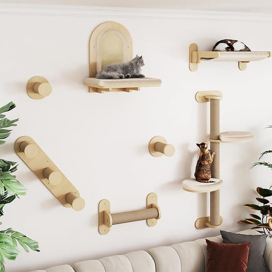 BYBYME 7Pcs Cat Wall Shelves, Solid Wood Indoor Cat Tree, Multi-Levels, Sturdy Wooden Wall Mounted Climbing Frames with Scratching Posts, Kitten Platform and Bed(Natural Wood)