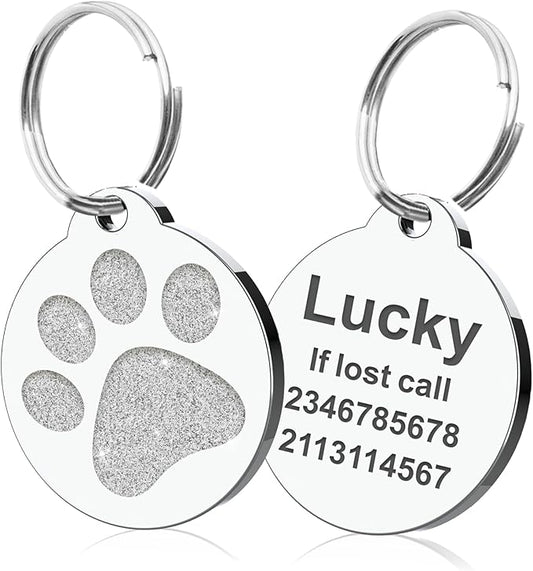 Dog Tags Personalized for Pets Dog Name Tags Personalized Dog Tag Engraved with Any Name & Text Custom Dog ID Tags Glitter Bone ID Tag for Puppy Cat (Silver-Round, S)