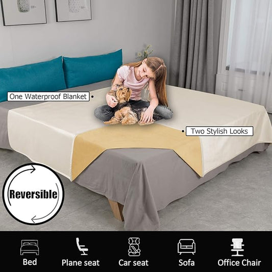 Ameritex Pet Bed Blanket Reversible 100% Waterproof Velvet Super Soft for Sofa and Bed (82x82 Inches, Cream+Sand)