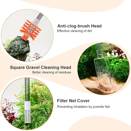 AQQA Aquarium Siphon Vacuum Cleaner Kit with 3 Replaceable Heads, Extra 2-in-1 Algae Scraper Cleaning Brush, Manually Siphon Ball Water Changer, Extendable Length to 38.2In for Fish Tank Cleaning (M)