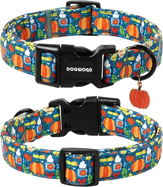 DOGWONG Fall Pumpkin Dog Collar, Fall Maple Leaf Dog Collars Adjustable Halloween Pumpkin Dog Collars for Small Medium Large Dogs L