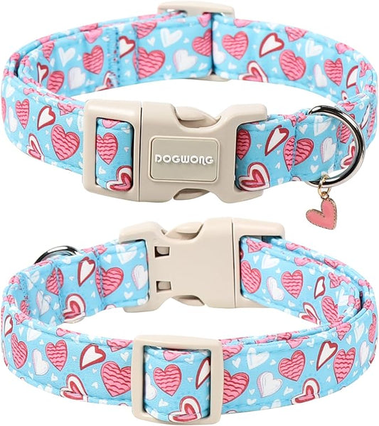 DOGWONG Blue Heart Dog Collar, Cute Valentine Collar, Valentine's Day Dog Collar with Strong Plastic Buckle for Small Medium Large Dogs,L