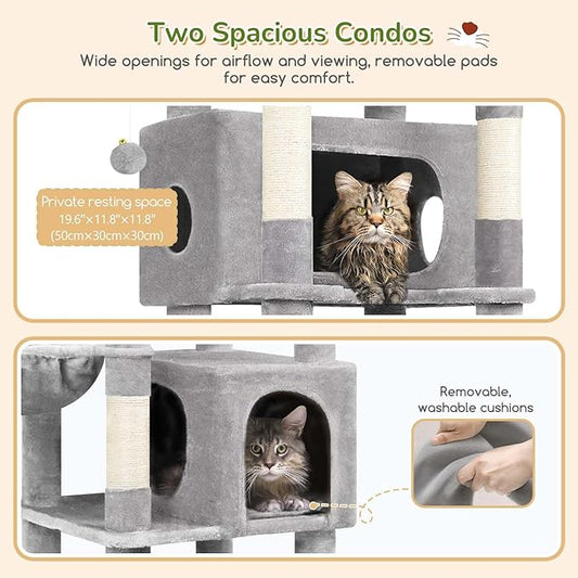 Globlazer Heavy Duty Cat Tree, 74in Sturdy Cat Tower for Large Cats Adult, Big Cat Tree with 7 Sisal Scratching Posts, 2 Padded Condos, 2 Dual-Ear Hanging Baskets, Enlarged Top Perch, S74, Light Grey
