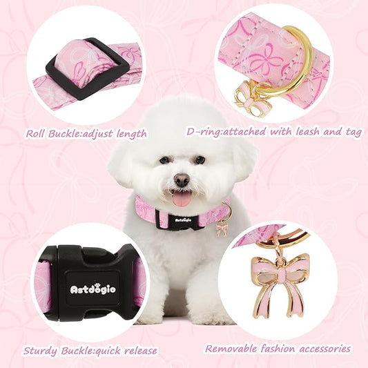 Medium Dog Collar, Girl Boy Dog Collars with Bow Pattern, Adjustable Cotton Pink Dog Collar for Puppy, Cute Holiday Collars for Dogs, Ideal for Gifts,Pet Accessory,Daily Walk-M