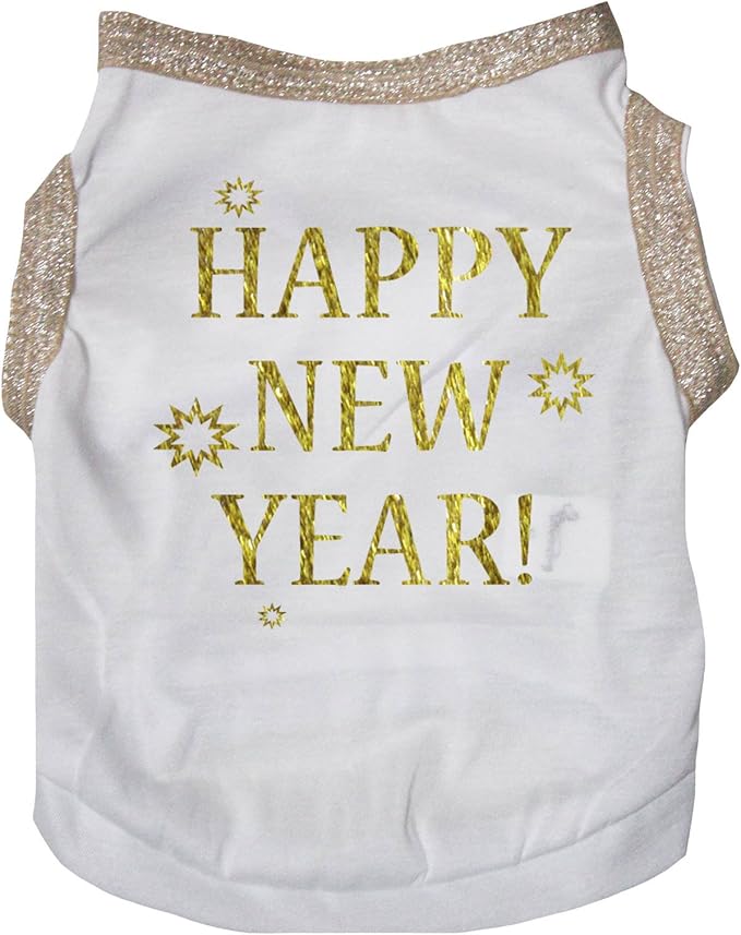 Petitebella Bling Happy New Year Puppy Dog Shirt (White/Gold, X-Large)