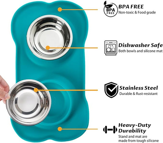 Hubulk Pet Dog Bowls 2 Stainless Steel Dog Bowl with No Spill Non-Skid Silicone Mat + Pet Food Scoop Water and Food Feeder Bowls for Feeding Small Medium Large Dogs Cats Puppies (Large, Green)