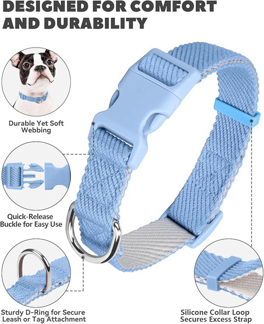 Dynmeow Soft and Breathable Cotton Dog Collar, Durable Adjustable Boy Pet Collar with Quick-Release Buckle, Lightweight for Sensitive Skin for Puppies and Extra-Small Dogs, Light-Blue, Xs