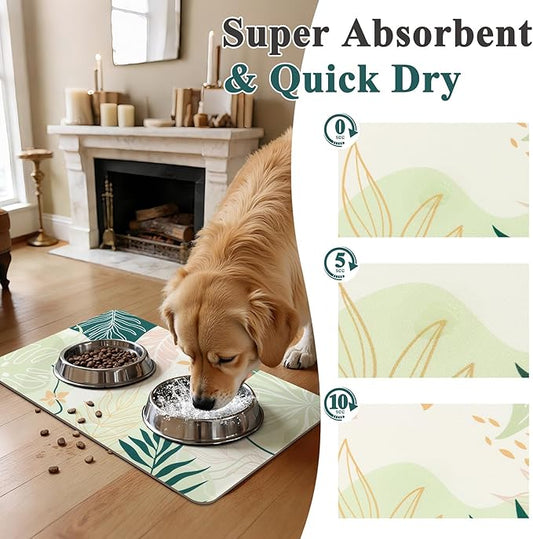 Topotdor Boho Dog Food Mat - Absorbent Quick-Dry Cat Bowl Mat for Food and Water, Non-Slip Pet Feeding Placemat for Messy Drinkers Dog Accessories Pet Supplies, 12"x20", Green