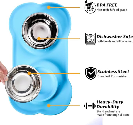 Hubulk Pet Dog Bowls 2 Stainless Steel Dog Bowl with No Spill Non-Skid Silicone Mat + Pet Food Scoop Water and Food Feeder Bowls for Feeding Small Medium Large Dogs Cats Puppies (Large, Turquoise)