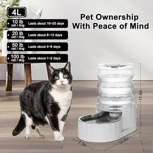 RIZZARI Gravity Water Bowl Dispenser: 4L White Stainless Steel Water Feeder Without Filter - Detachable Food-Grade Bowl -Spill-Proof - for Small Cats & Busy Multi-Pet Owners - Home Bedroom Garden