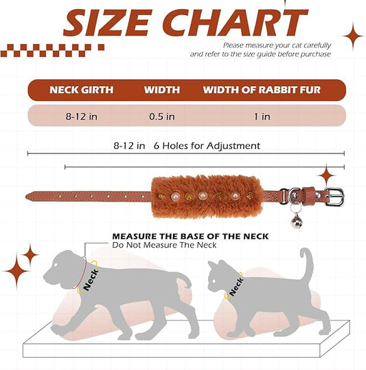 EXPAWLORER Leather Cat Collar - Adjustable Furry Pet Collar with Pearls and Gemstones for Girl Boy Cats, Elegant Plush Collar with Bell & Durable D-Ring, Brown