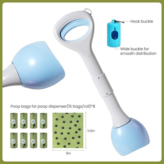 Dog Pooper Scooper Portable with Bag Attachment, One Handed Foldable Design, Includes 120 Waste Bags and Dispenser, 19 Inch Handle for Grass Yard Gravel Cleanup (Blue)