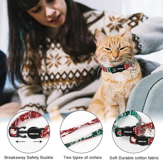 ARING PET 2 Pack Christmas Cat Collars-Cute Cat Collar Breakaway with Bell&Pendant, Adjustable Red Green Kitten Collars with Safety Buckle for Girl and Boy Cats