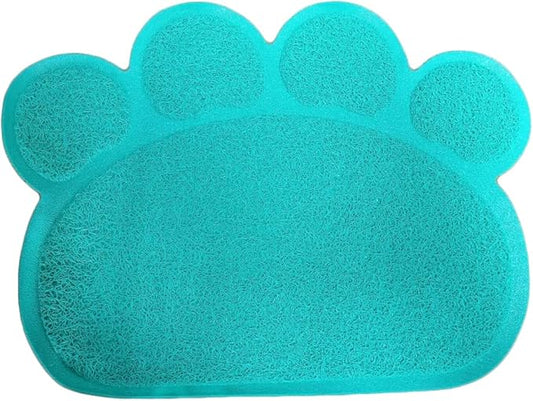 PVC Pet Dog Cat Puppy Kitten Dish Bowl Food Water Feeding Placemat, Non-Slip Cat Litter Mat Paw Shape, Blue Small