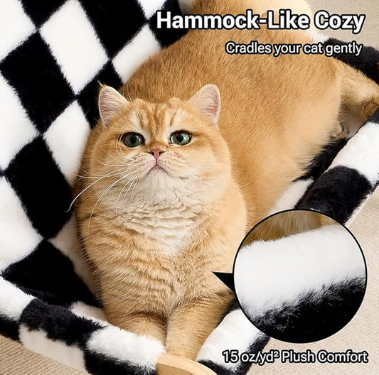 Solid Wood Cat Couch Bed for Indoor Cats, Modern Cat Sofa with Ultra-Soft Plush Surface Washable, Reclined Backrest, Elevated Plush Cat Lounge for Small to Adult Cats, Black & White
