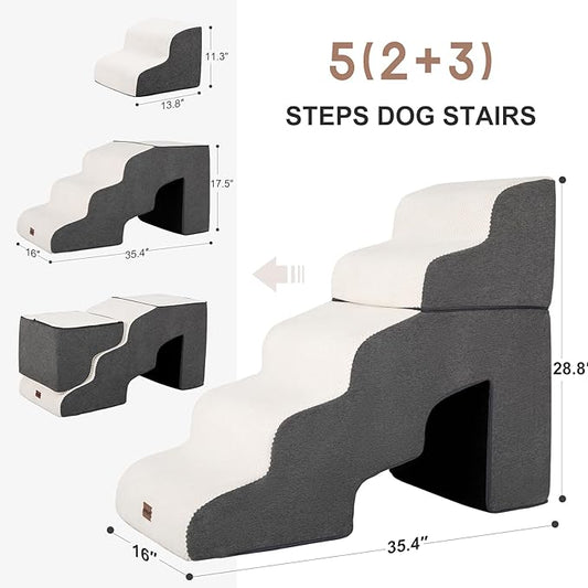 Dog Stairs for High Beds with Tunnel, 5-Step Dog Steps for Small Dogs and Cats, Foldable Pet Stairs for High Bed Climbing, Non-Slip Balanced Pet Step Indoor, Beige