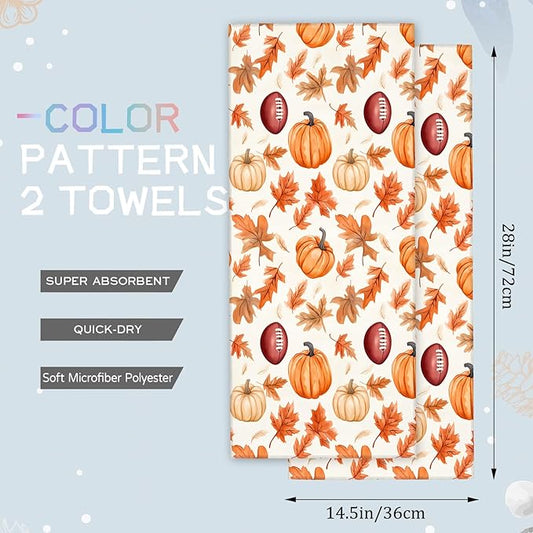 Autumn Pumpkin and Football Hand Towels - 2 Pack, 14.5" X 28",Soft Microfiber Polyester Towel Set with Festive Fall Leaves,for Fun Bathroom Kitchen Spa Hotel Decor Thanksgiving Gifts